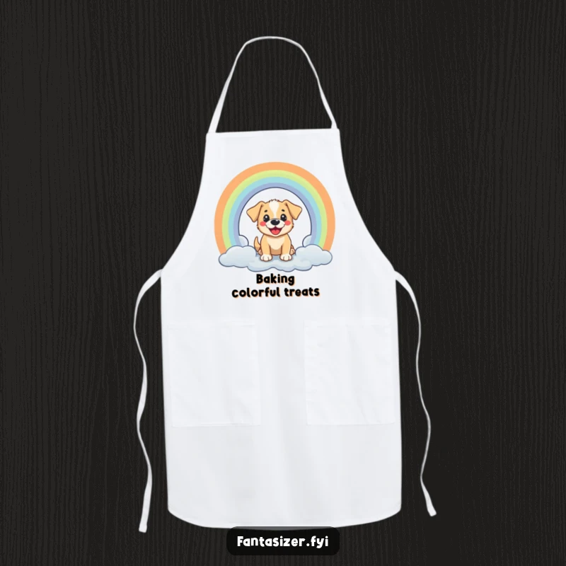 Funny apron: a cheerful puppy peeks through a rainbow portal, perfect for adding fun to cooking.