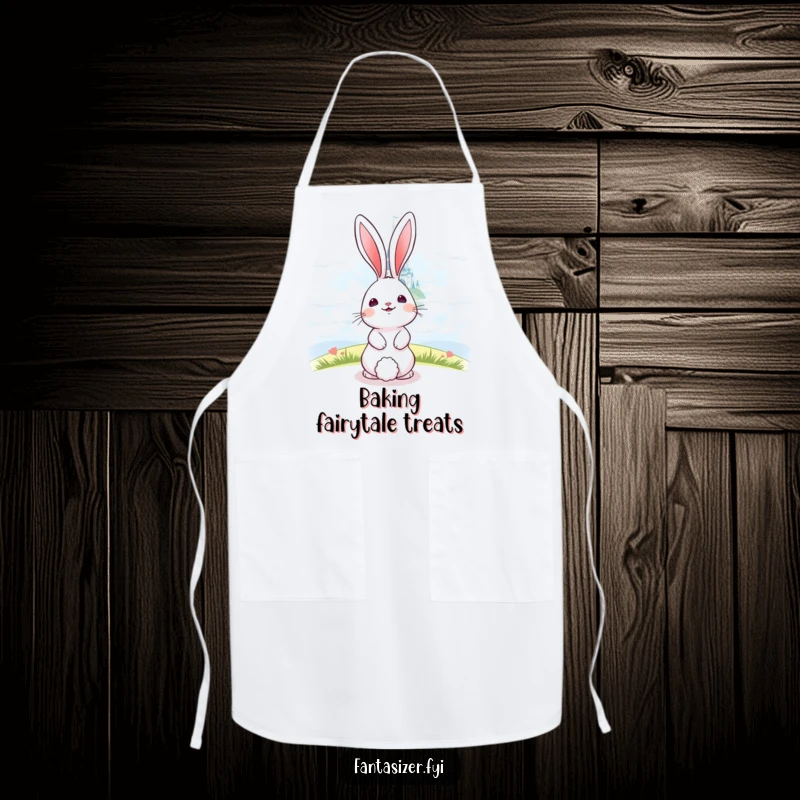 Funny bunny gazing at a shimmering castle in the clouds, a whimsical and humorous cooking apron.