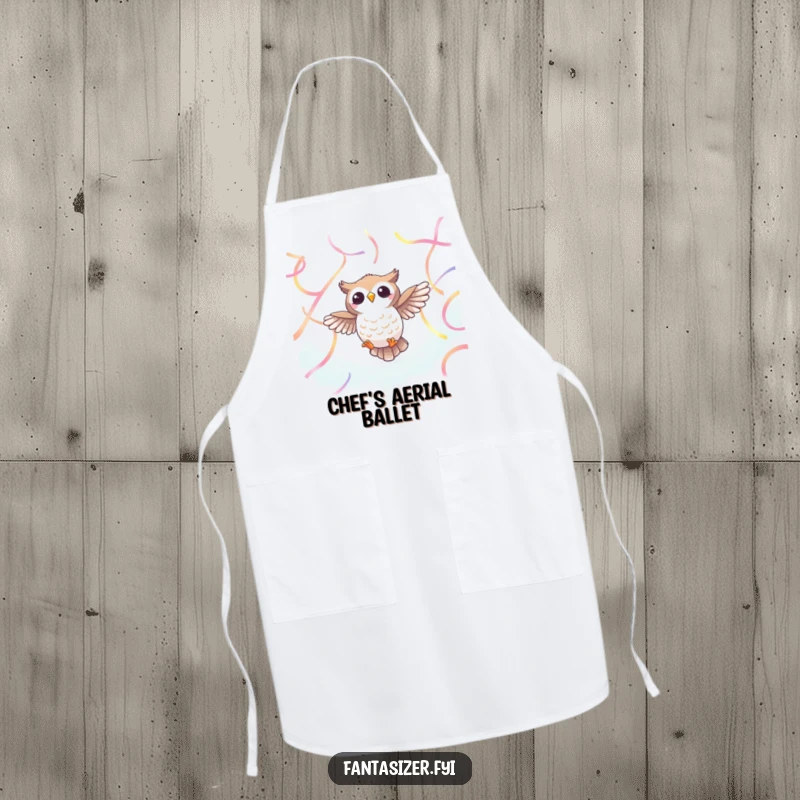 Funny Owl Ribbon Apron: A cheerful owl soars through vibrant ethereal ribbons, a humorous and practical funny gift.