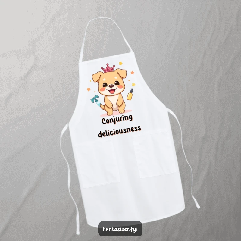 Funny Dog Apron: A happy dog character magically transforms kitchen items into enchanted tools, making cooking fun and whimsical.