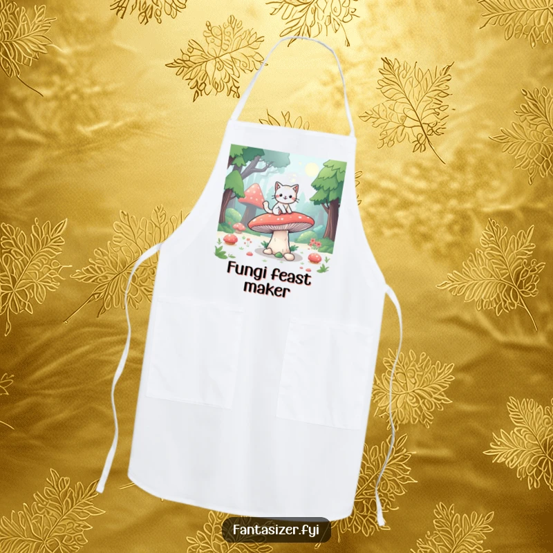 Funny apron with a playful cat riding a giant mushroom through a fantasy forest, ready for magical culinary adventures.