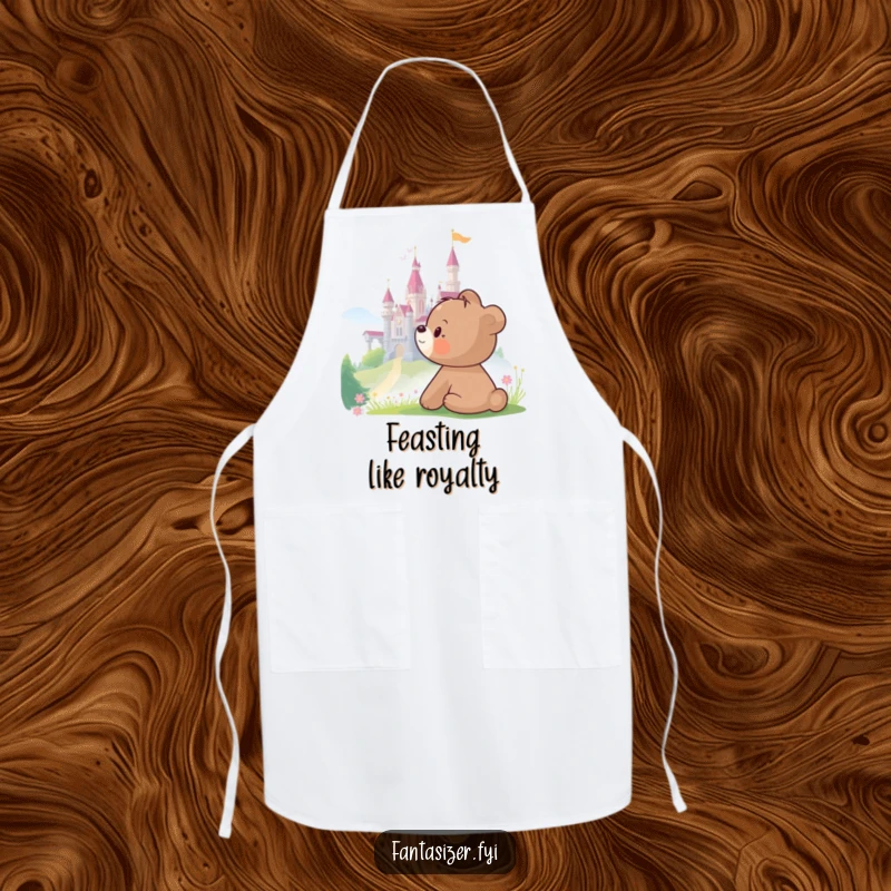 Funny Bear Apron depicting a bear cub dreaming of a castle, perfect for humorous and protective kitchen sessions.