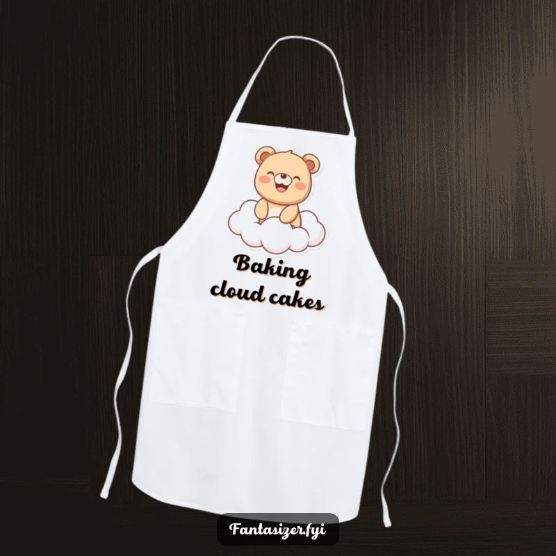 Funny Bear Apron: Cheerful bear with a big smile riding a fluffy cloud, perfect for a joyful and humorous cooking experience.