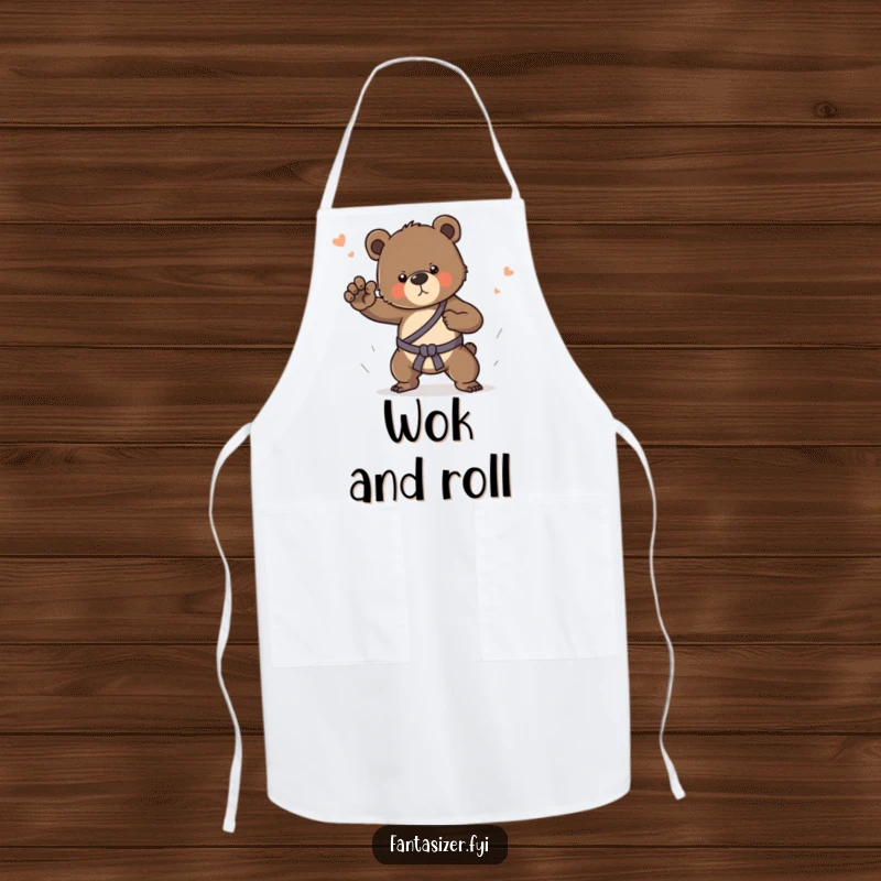 Funny apron showing a determined bear cub in a dream, practicing martial arts, ready to conquer the kitchen.