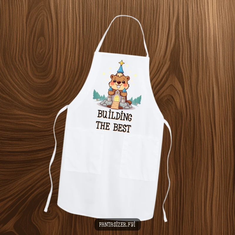 Funny beaver apron of a character building a glowing stardust castle, ideal for a humorous cooking or crafting gift.