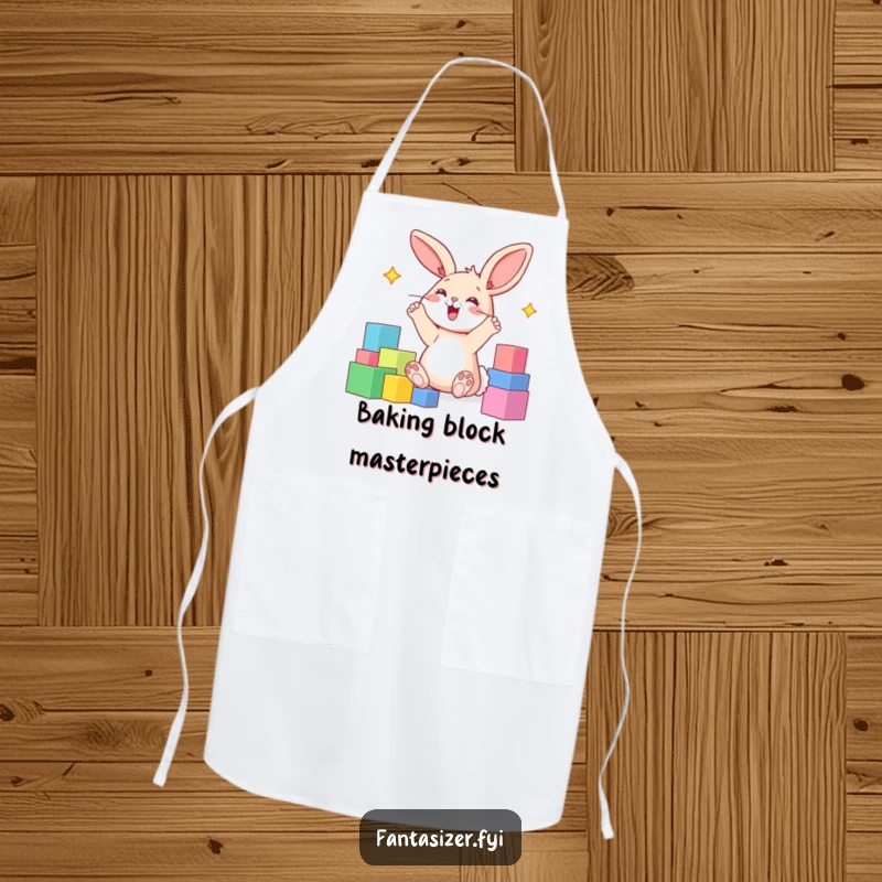 Funny apron with a happy bunny with its paws in the air, imagining a world built of colorful blocks.