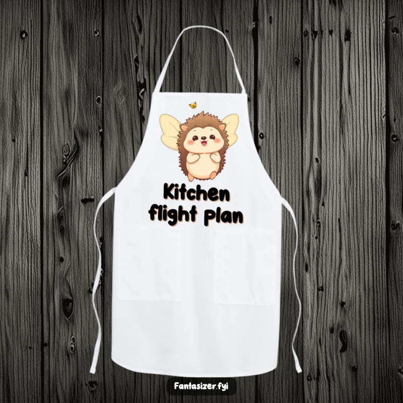 Funny apron featuring a delighted hedgehog with butterfly wings, ready to help in the kitchen with magical flair.