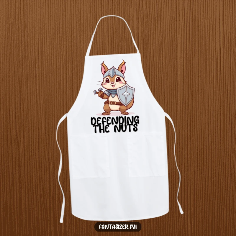 Funny apron of a determined squirrel in knight armor, ready to tackle kitchen tasks with heroic and humorous flair.