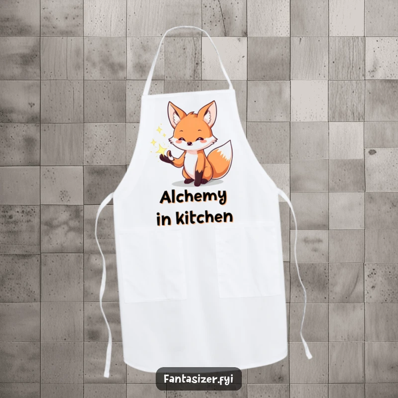 Funny apron with a creative fox conjuring sparkling magical effects from its paws, ready for magical culinary creations.