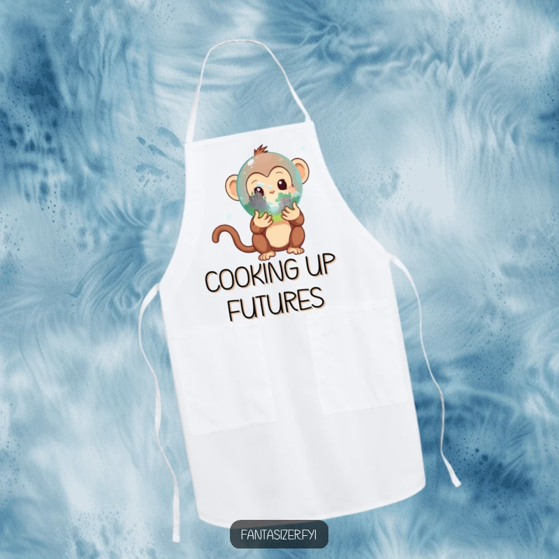 Funny Monkey Apron: Whimsical monkey holding a crystal ball showing a hidden landscape, perfect for a humorous and magical cooking experience.