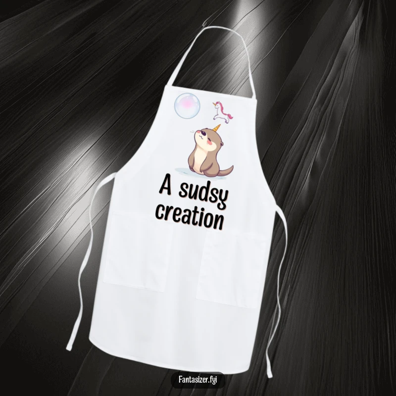 Funny apron showing a happy otter mesmerized by a soap bubble unicorn, bringing whimsical cheer to any culinary creation.