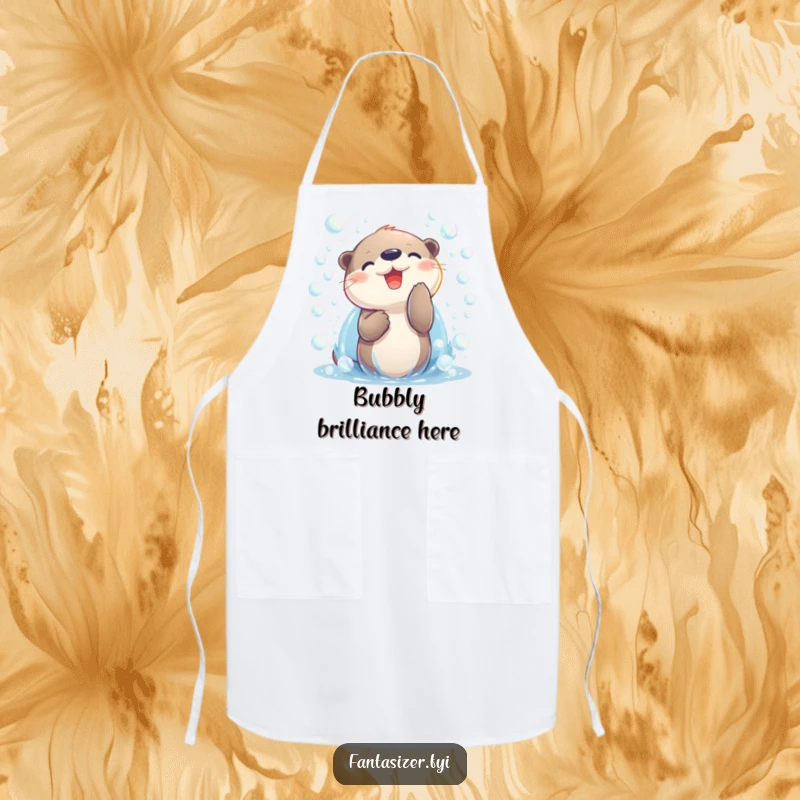 Funny otter character playing with bubbles on a cooking apron, a humorous and cheerful kitchen accessory.