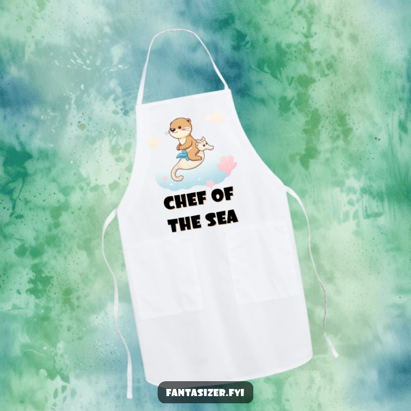 Funny apron: an otter riding a seahorse in a dreamy ocean, perfect for adding fun to kitchen tasks.