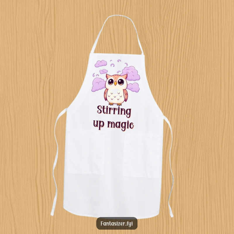 Funny cooking apron with a cute owl character with wide eyes looking up at a sky filled with swirling purple clouds, adding a humorous and magical touch.