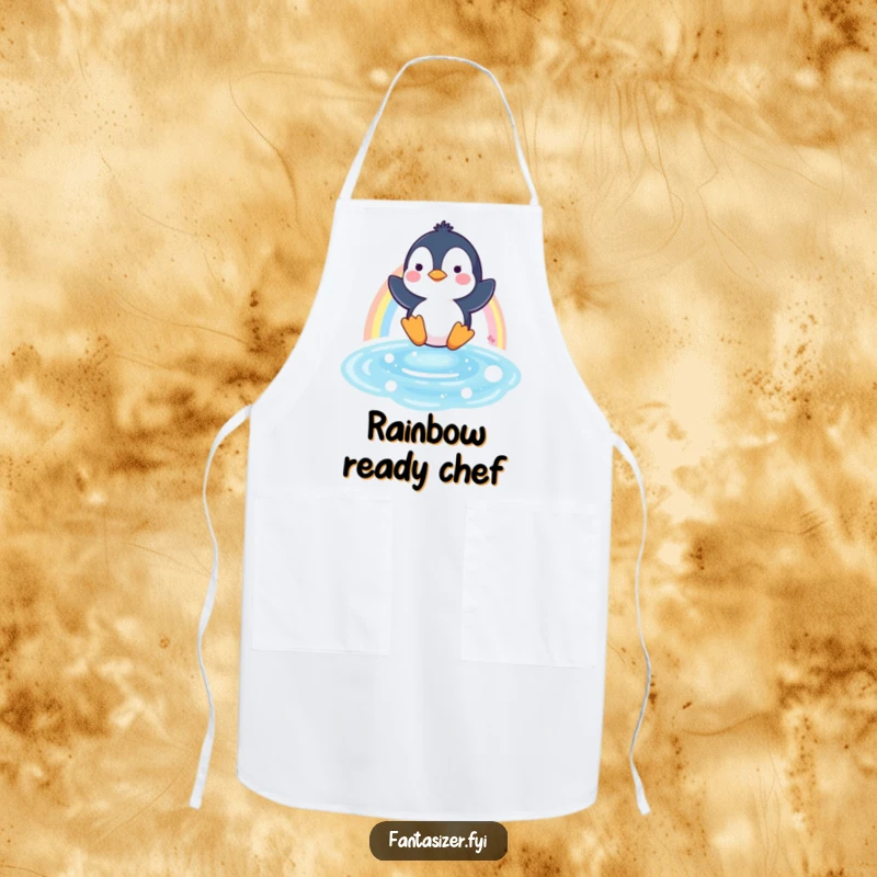 Funny apron with a happy penguin character sliding down a rainbow, perfect for adding humor to kitchen activities.