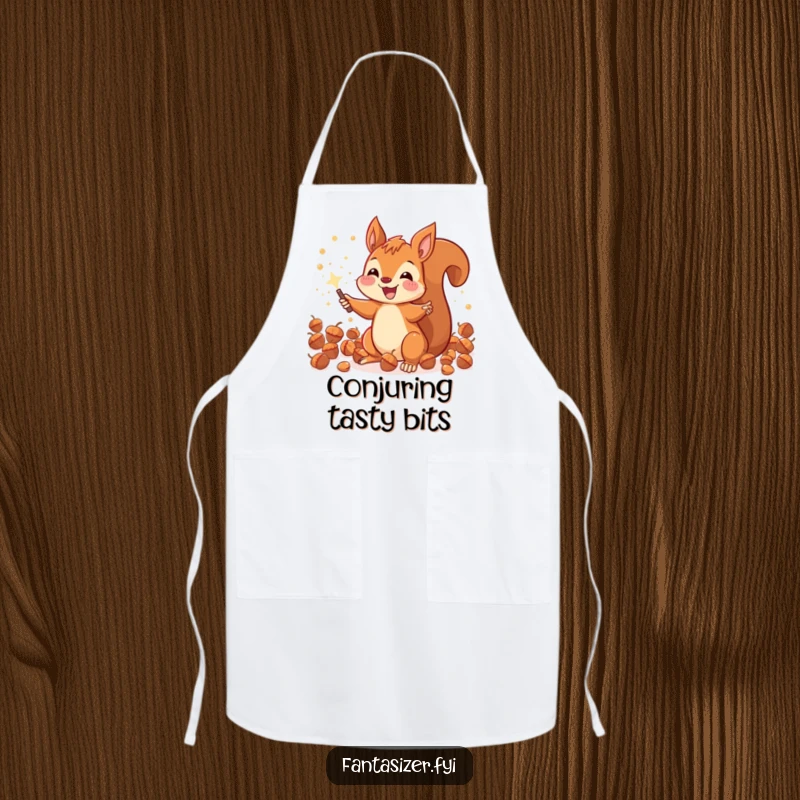 Funny joyous squirrel conjuring sparkling acorns with a magic wand, a whimsical and practical apron.