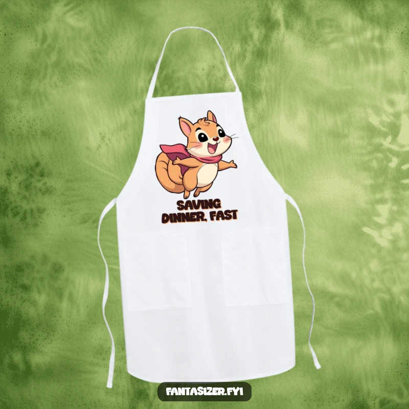 Funny squirrel superhero apron with an excited squirrel in a cape soaring, adding heroic fun to cooking and kitchen tasks, a cool gift.