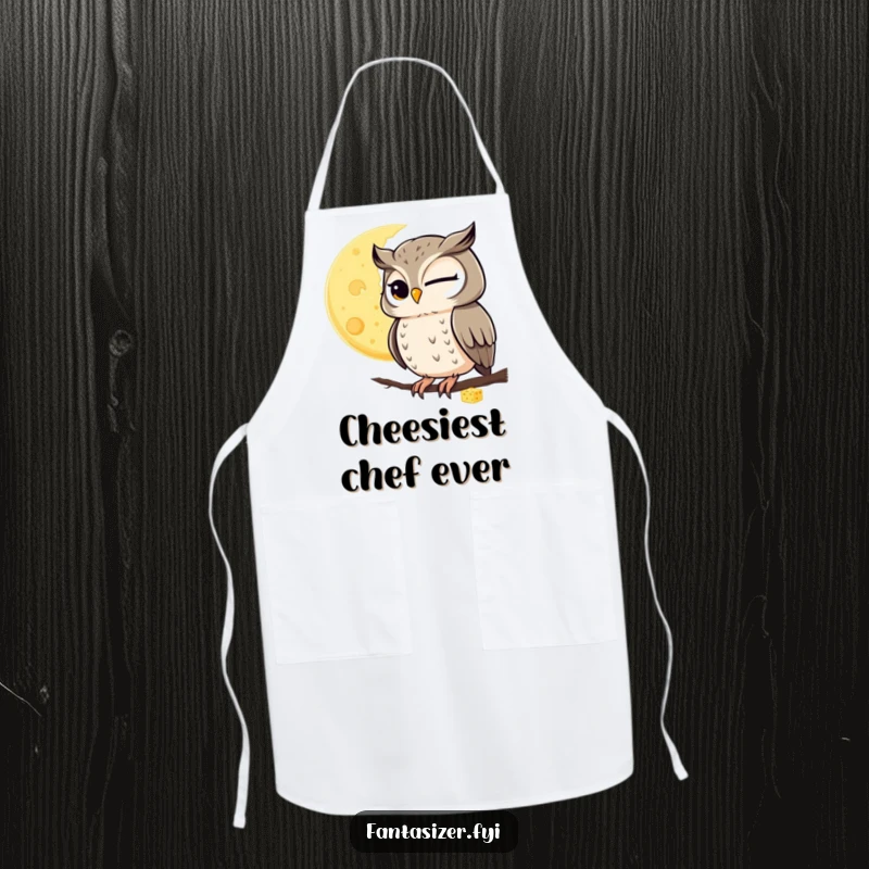 Funny apron of a winking owl observing a moon made of cheese, ideal for culinary stargazing.