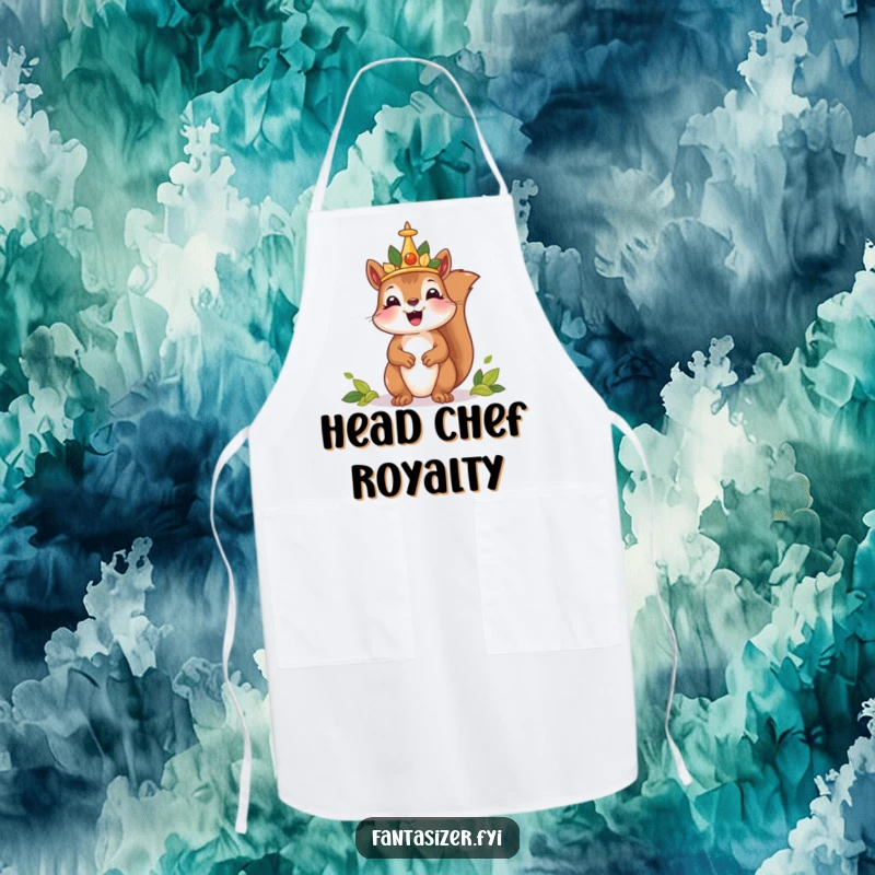 Funny apron with a delighted squirrel wearing a leaf crown, ruling a tiny kingdom, great for cooks who rule with humor.