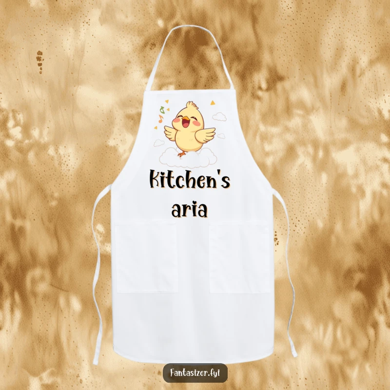 Funny apron with a joyful bird singing with closed eyes on a cloud stage, great for cooks who love music and humor.