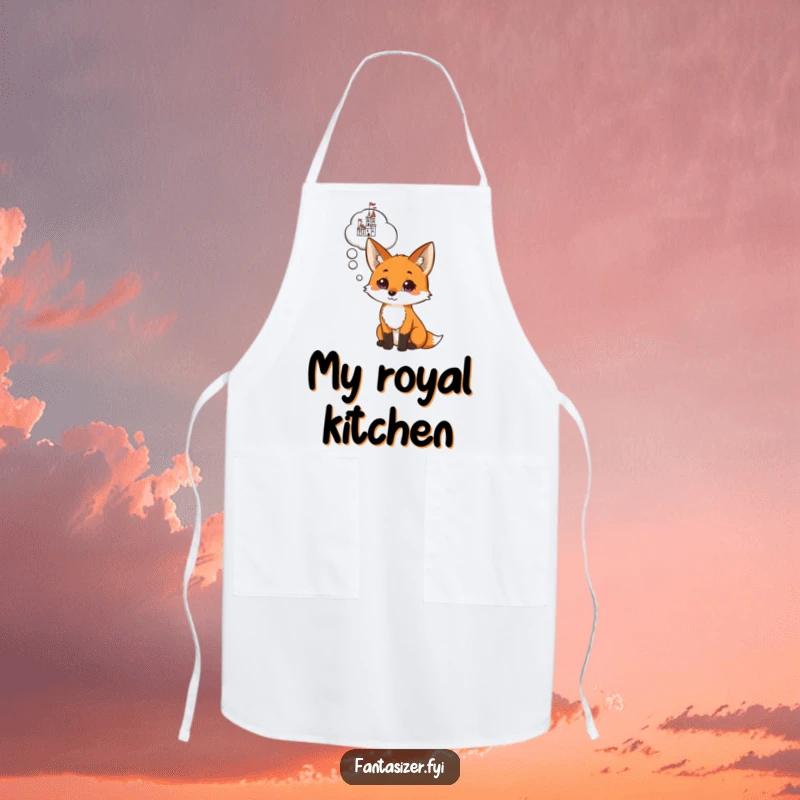 Funny apron featuring a curious fox with a thought bubble showing a castle, ideal for cooks who dream big and love humor.
