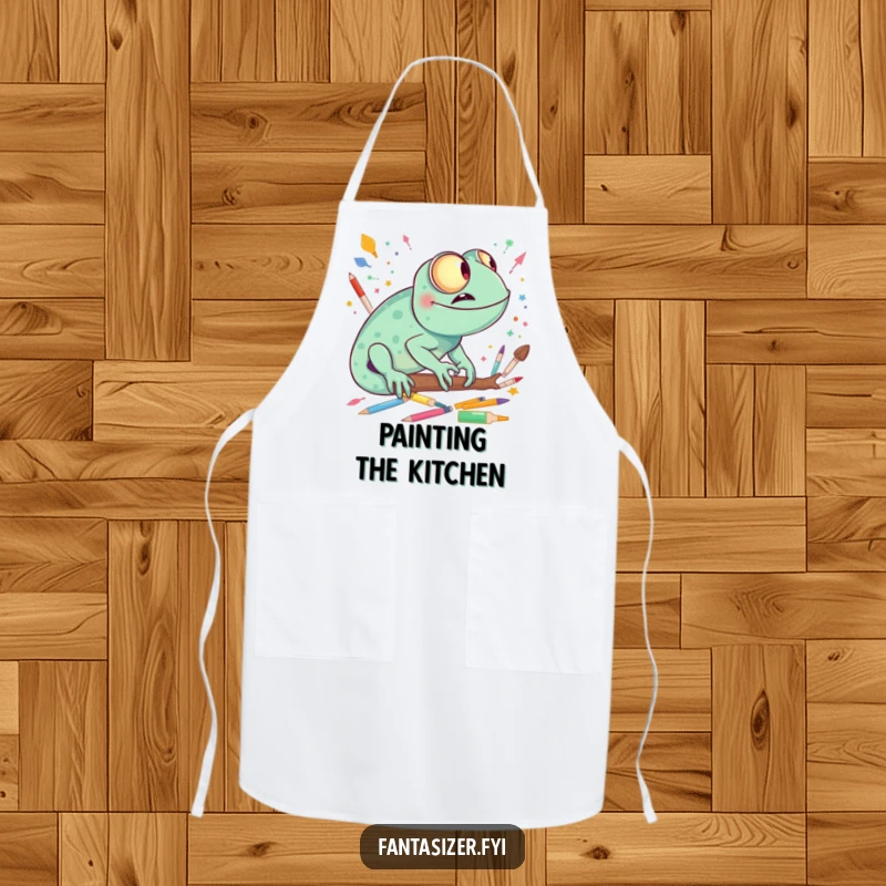 Funny giggling chameleon imagining a vibrant world made of colorful art supplies, a humorous and practical apron.