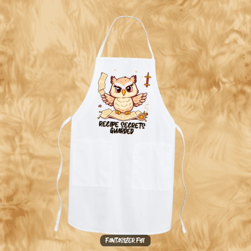 Funny apron featuring a wise owl conjuring ancient scrolls, perfect for chefs who appreciate culinary knowledge and humor.
