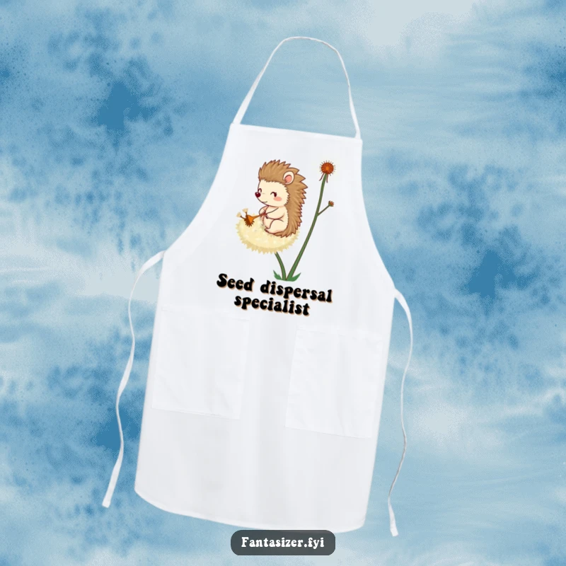 Funny apron depicting a whimsical hedgehog riding a giant dandelion seed, adding a playful touch to kitchen activities.