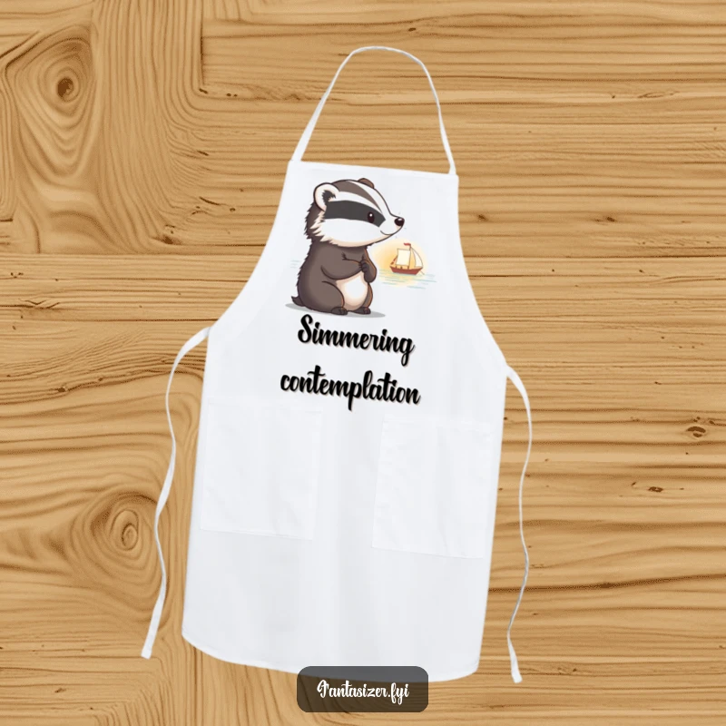 Funny apron featuring a thoughtful badger with a faraway look, watching a boat sail into a sunset.