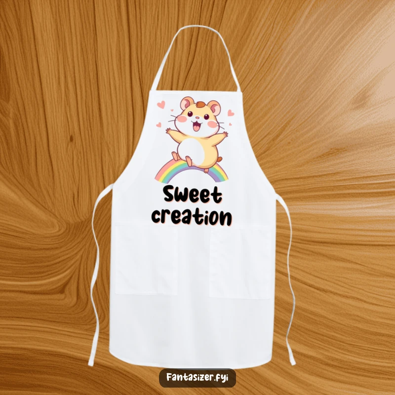 Funny Hamster Apron: A delighted hamster rides a vibrant rainbow, bringing cheerful wonder to kitchen creations.