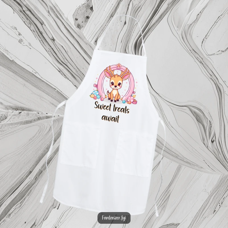 Funny apron featuring a deer character mesmerized by a portal to a candy wonderland, ideal for kitchen fun.