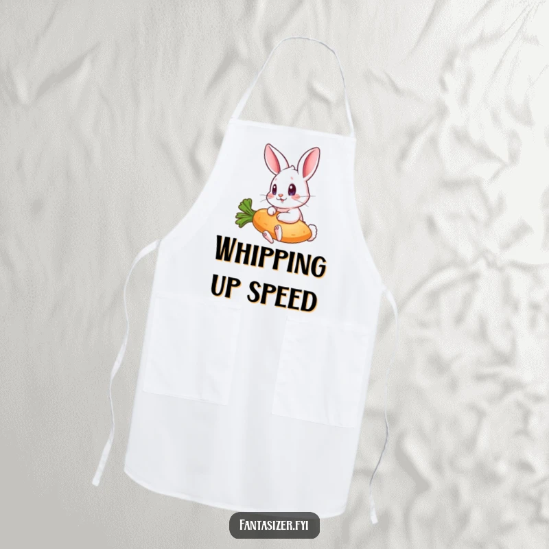 Funny apron with a playful rabbit riding a flying carrot, designed for cooks who love to add humor to meal preparation.