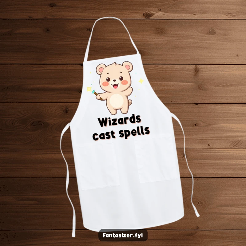 Funny apron with a smiling bear wizard holding a magic wand, sparking dancing lights while adding kitchen magic and fun.