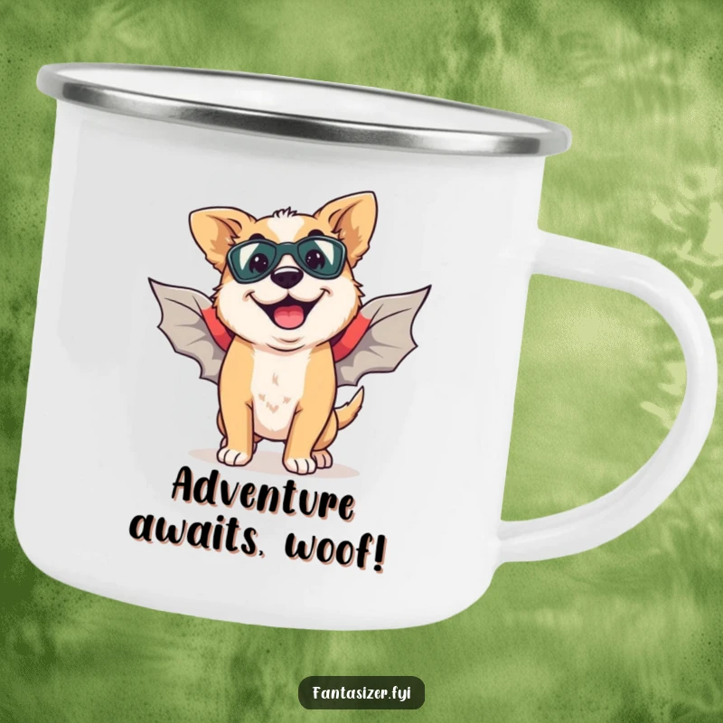 Funny camping mug showing a happy dog with a goofy grin, imagining flight with superhero wings.