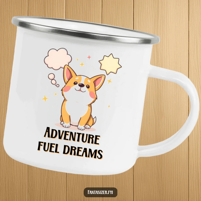 Funny corgi with giant, sparkly thought bubbles filled with dreams, a sturdy camping mug for adventurers.