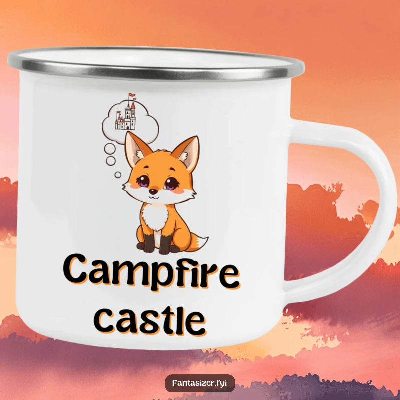 Funny camping mug featuring a curious fox with a thought bubble containing a castle, inspiring big dreams during outdoor adventures.