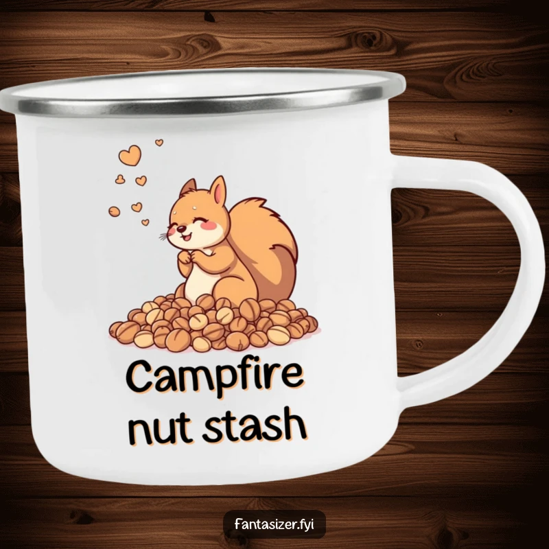 Funny camping mug showcasing a playful squirrel surrounded by nuts, ideal for outdoor use and bringing a humorous touch to your campsite.