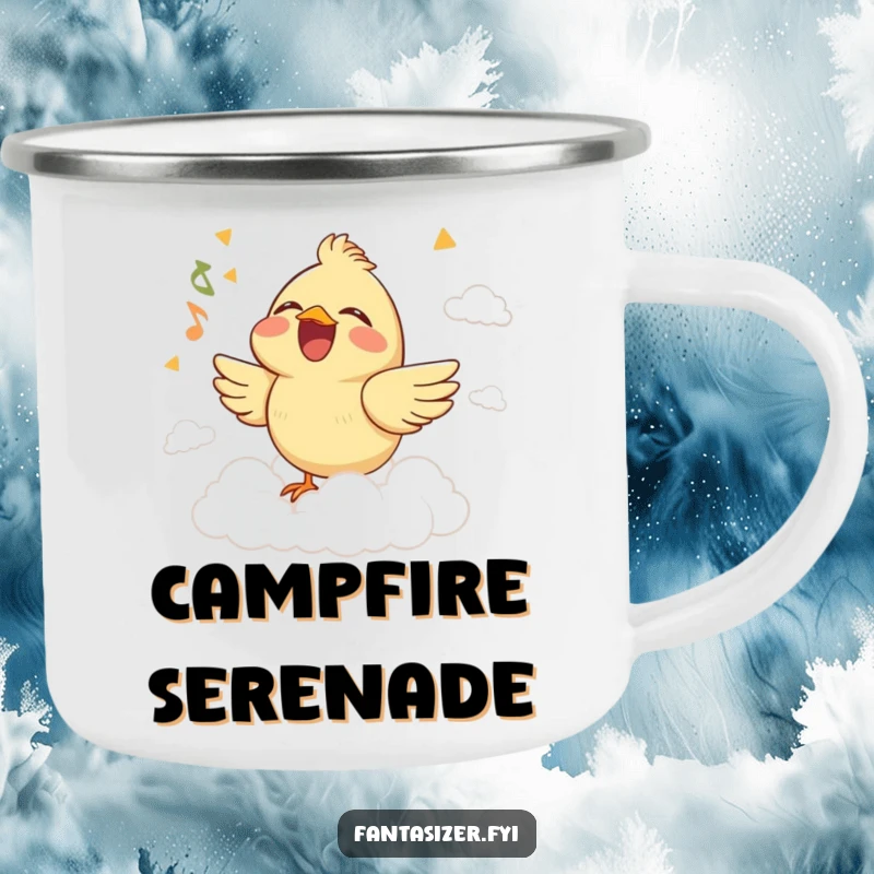 Funny camping mug featuring a joyful bird singing with closed eyes on a cloud stage, perfect for outdoor music lovers.