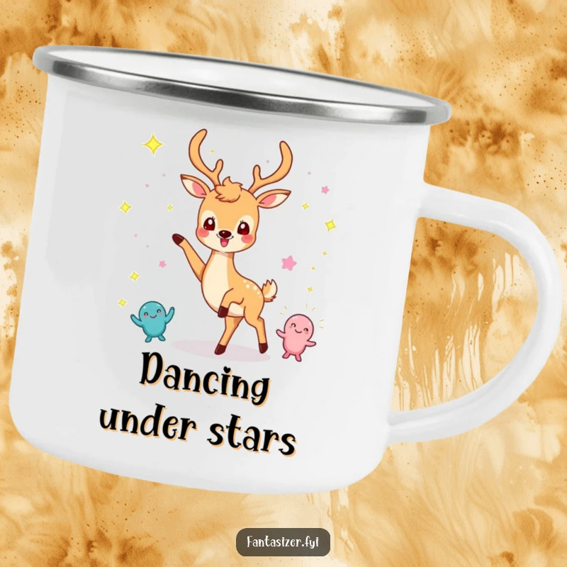 Funny camping mug featuring a cheerful deer dancing with imaginary sparkling creatures, for joyful outdoor drinks.