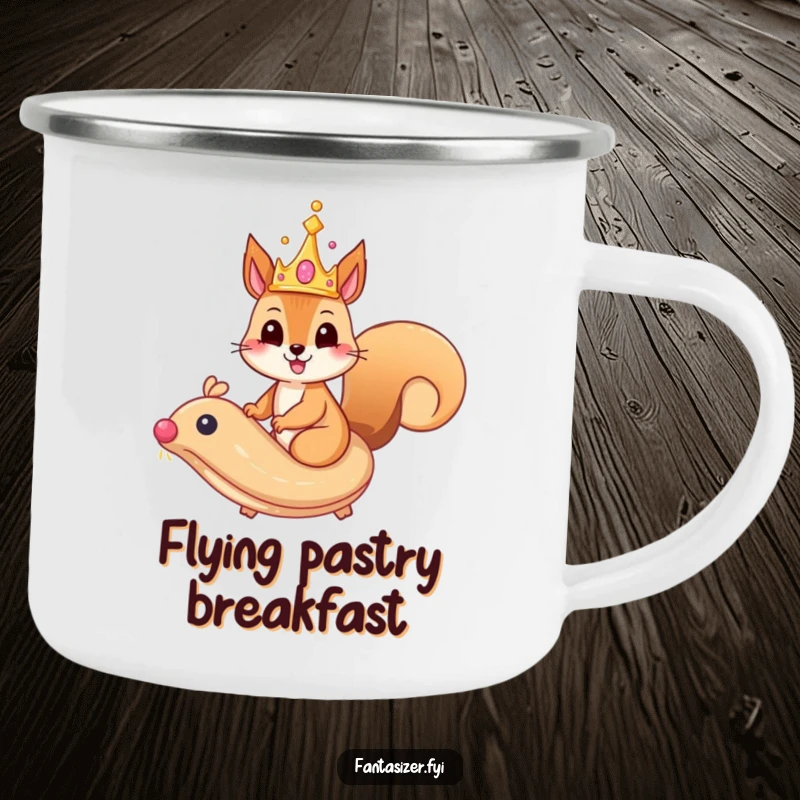 Funny squirrel camping mug with a whimsical crown riding a majestic, flying pastry, for adventurous pastry flights.