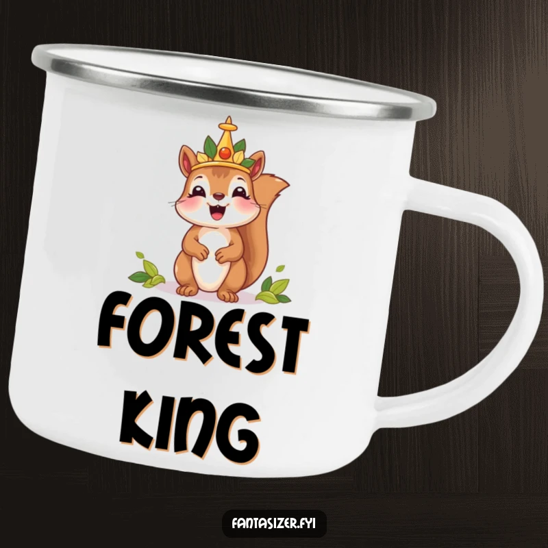 Funny camping mug featuring a delighted squirrel king with a leaf crown, ruling a tiny kingdom during outdoor adventures.