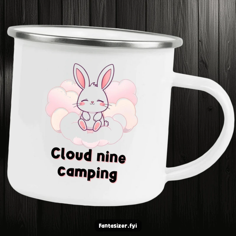 Funny bunny camping mug with eyes closed, imagining floating amongst giant, candy-colored clouds, for whimsical adventures.