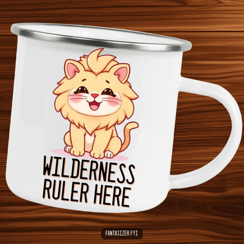 Funny camping mug featuring a cat with a lion's mane, dreaming of adventure and conquest, a rugged and humorous beverage holder.