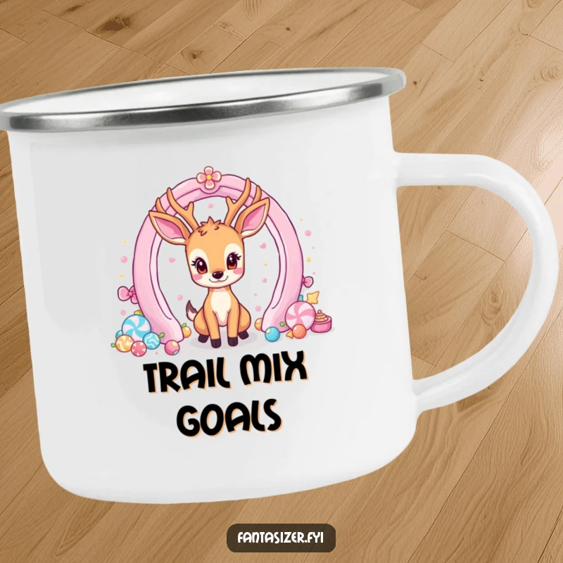 Funny camping mug with a deer looking at a portal filled with candy, ideal for outdoor enjoyment.