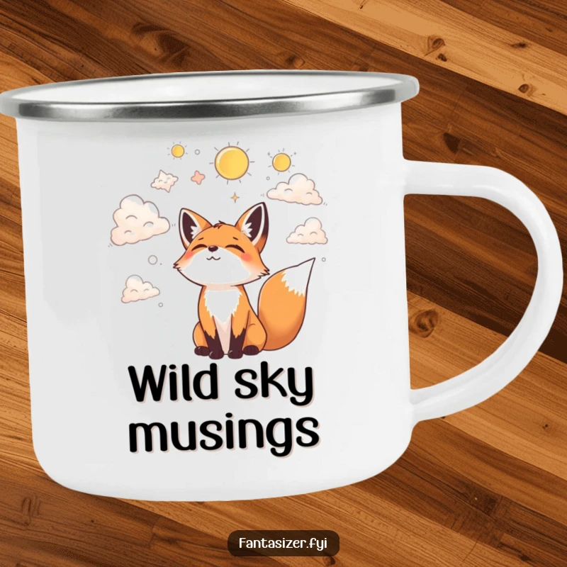 Funny camping mug featuring a joyful fox gazing at clouds, imagining fantastical shapes, perfect for outdoor contemplation.