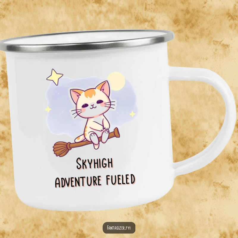 Funny camping mug with a cat flying on a broomstick through the night sky, great for magical outdoor experiences.