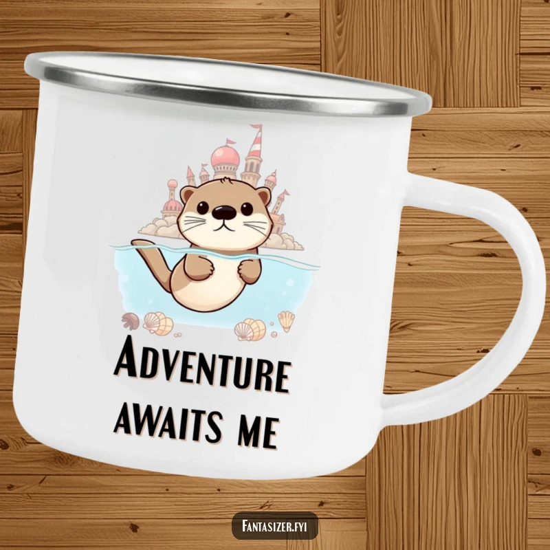 Funny Otter Dreamer Camping Mug, featuring a determined otter swimming towards a seashell city, perfect for outdoor ambition.