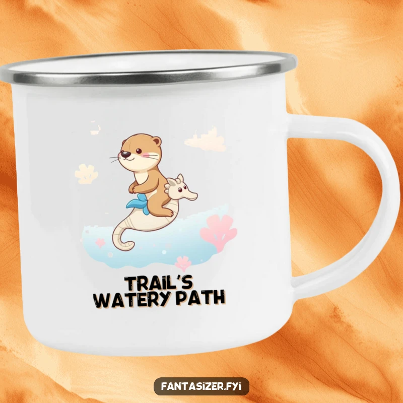 Funny camping mug featuring an otter riding a seahorse in a dreamlike ocean, perfect for outdoor drinks.