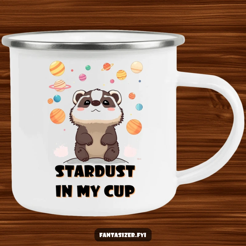 Funny camping mug with a whimsical badger gazing at a sky of colorful planets, perfect for outdoor enthusiasts and stargazers.