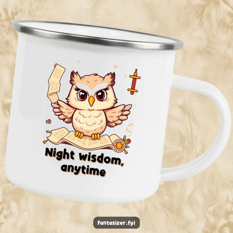 Funny camping mug featuring a wise owl and ancient scrolls, perfect for sipping coffee during scholarly adventures.